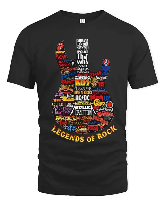 Legends of Rock Hand Sign Guitar Bands Graphic Tee - black t-shirt on white background