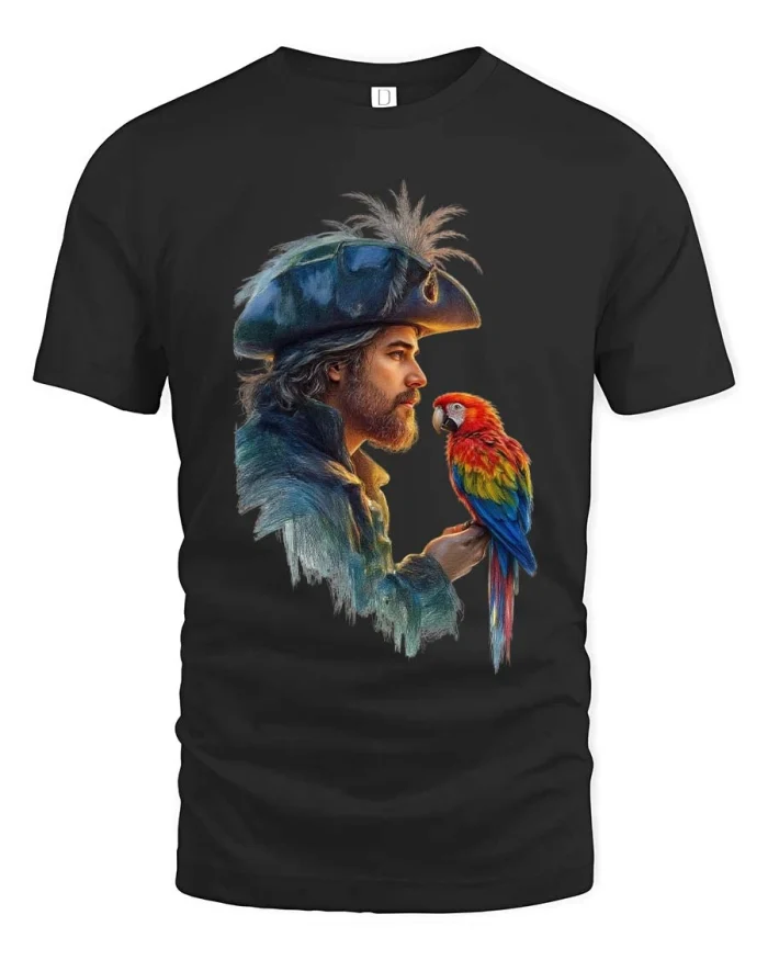 Vintage Pirate Captain with Parrot Artistic Graphic Tee - black t-shirt on white background