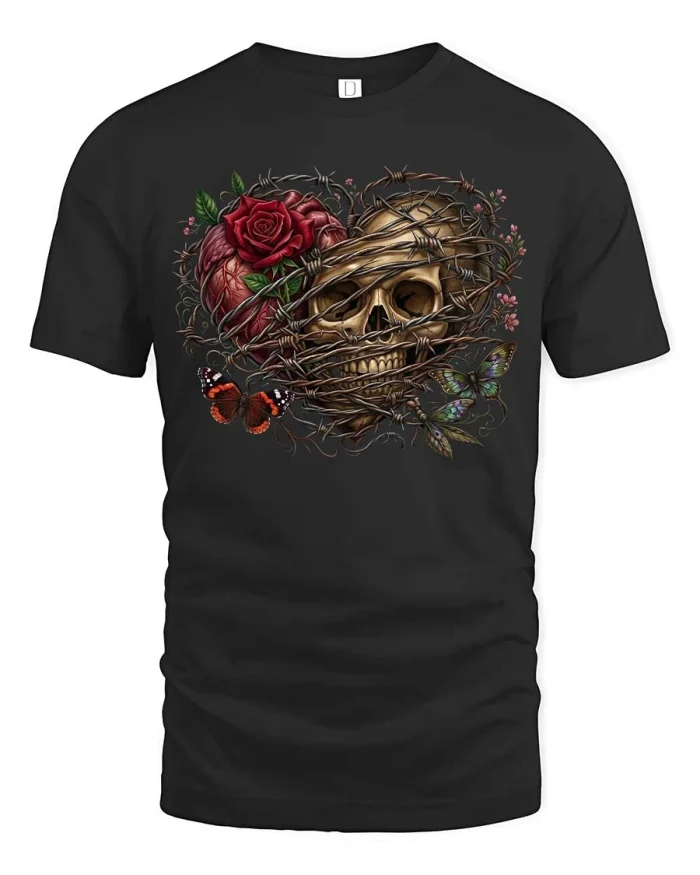 Gothic Skull Heart Barbed Wire Rose Dark Art Tee - black t-shirt on white background