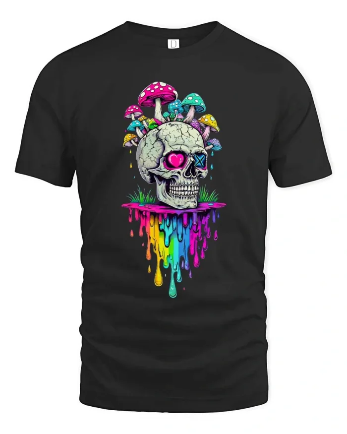 Trippy Skull Mushroom Rainbow Drip Psychedelic Tee - black t-shirt on white background