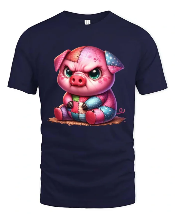 Cute Angry Patchwork Pig Cartoon Funny Graphic Tee - navy t-shirt on white background