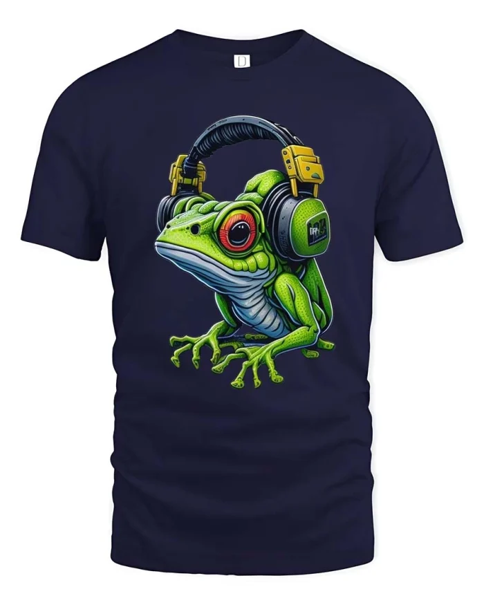 Cool Frog DJ Headphones Music Lover Cartoon Graphic Tee - navy t-shirt on white background