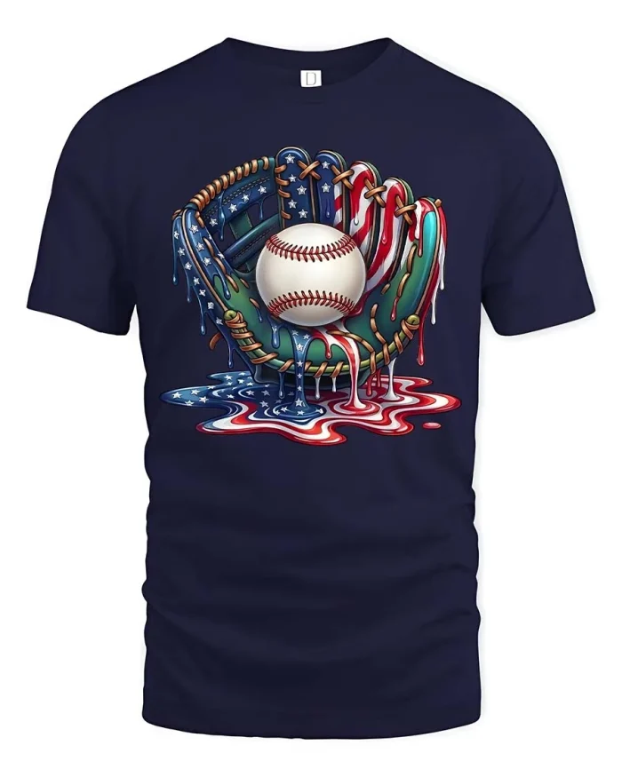 Patriotic Baseball Glove USA Flag Drip Graphic Tee - navy t-shirt on white background