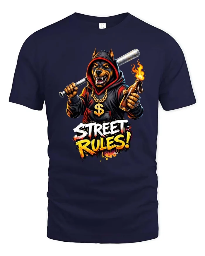 Street Rules Angry Dog Urban Graffiti Graphic Tee - navy t-shirt on white background