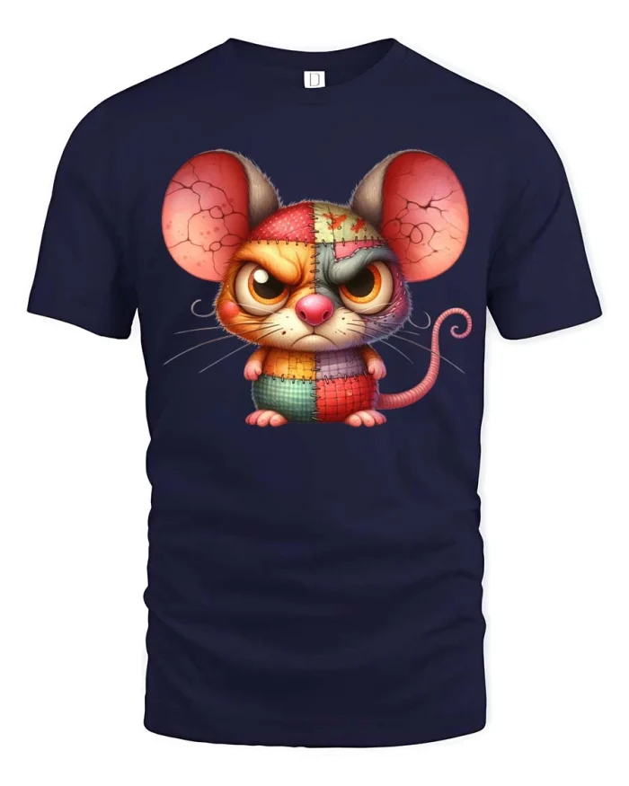 Cute Angry Patchwork Mouse Cartoon Funny Graphic Tee - navy t-shirt on white background